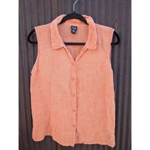 Eileen Fisher Linen Sleeveless Button Up Top Large Orange Beach Resort Summer